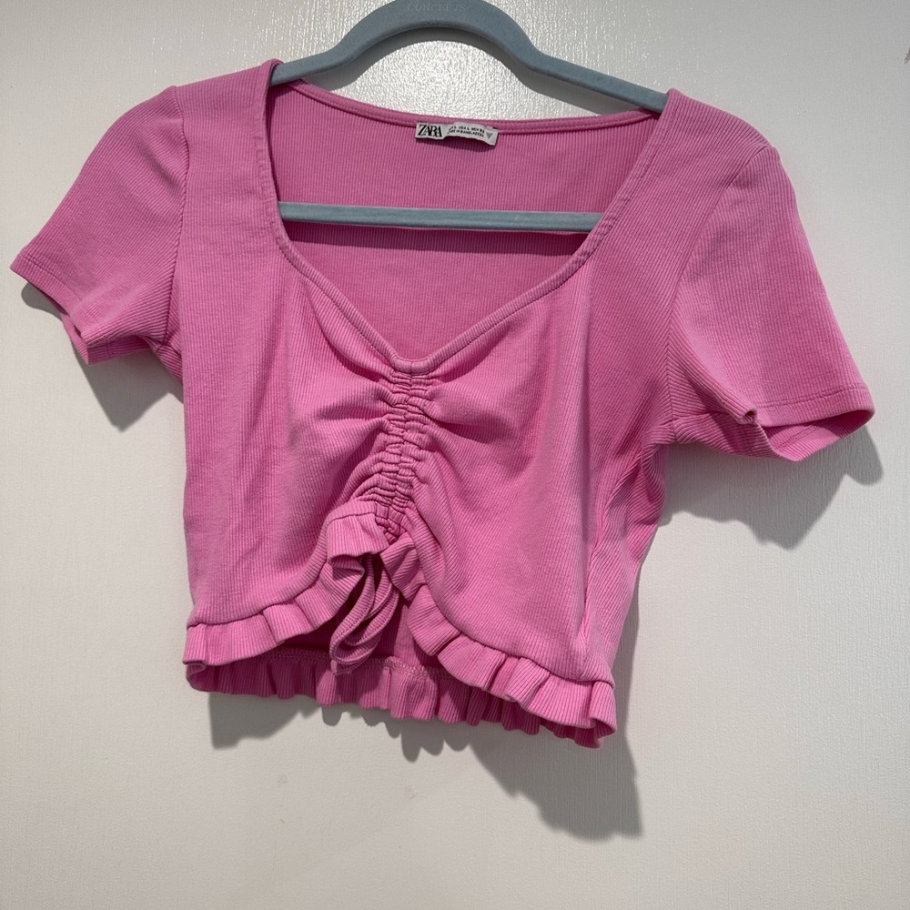 Zara Fuchsia Ruched and Ribbed Crop Top